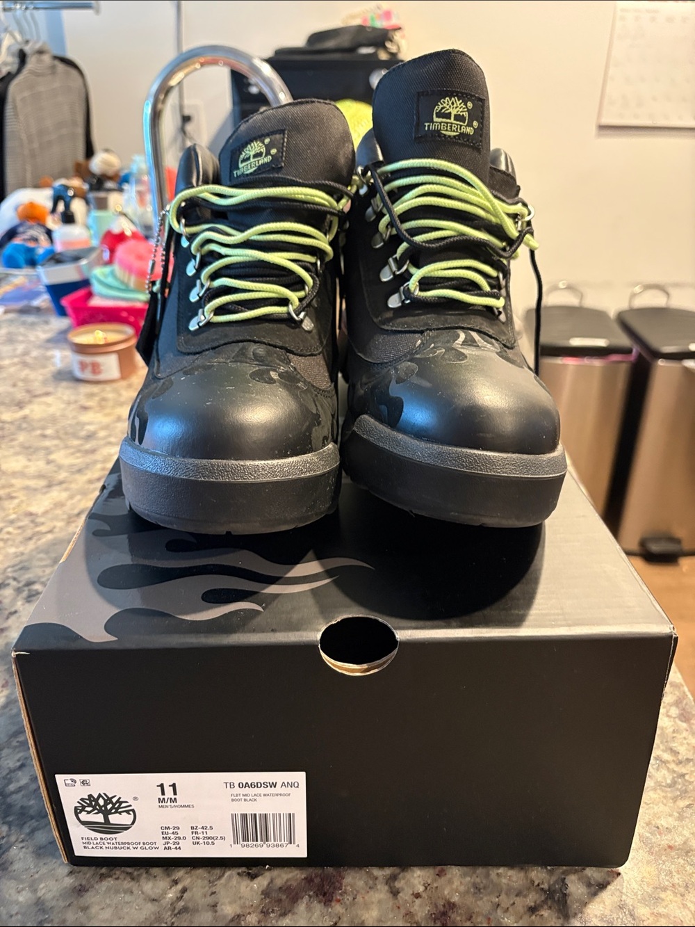 Loso.Wav Custom Timberland Black Boots with Lime Laces Flame